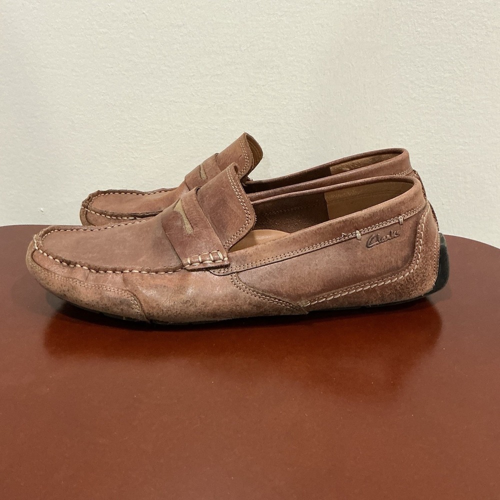Clarks Driving Penny Loafers Brown Leather Moc Apron Casual‎ Shoe Size 10.5M